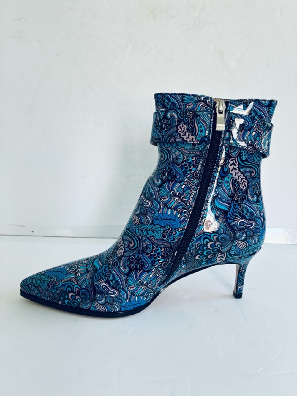 Women’s Blue Paisley Pointed-Toe Ankle Boot with Bling Style Buckle Size 9 NEW - Picture 6 of 10